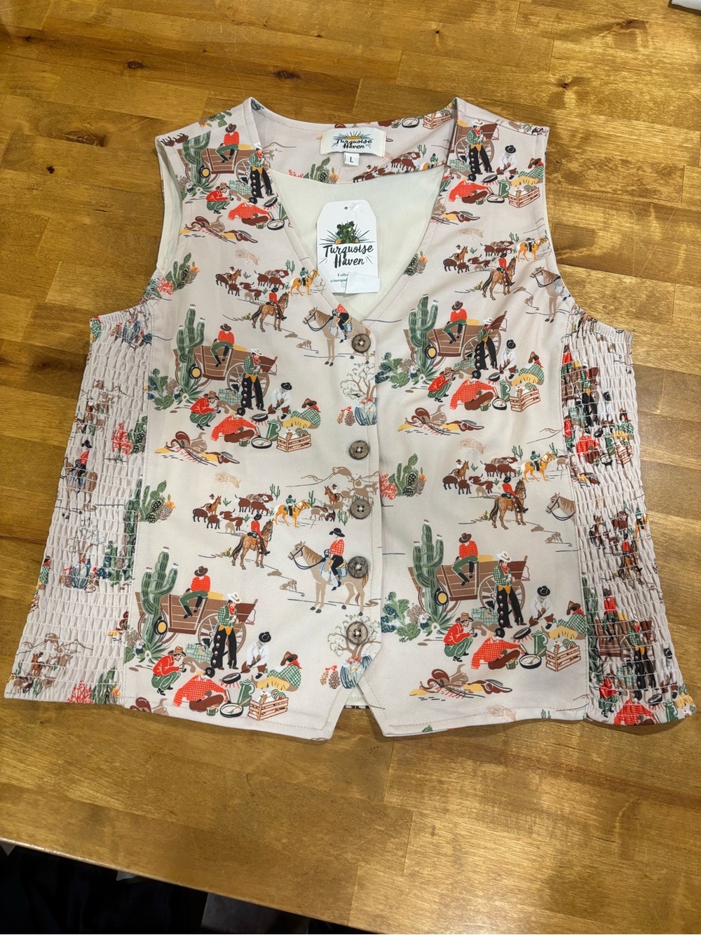 Turquoise Haven Western Cowboy Print Button Front Vest Size L NWT